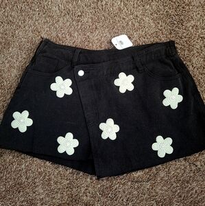 Black Denim Skort With Pearl Embellished Flower Detail